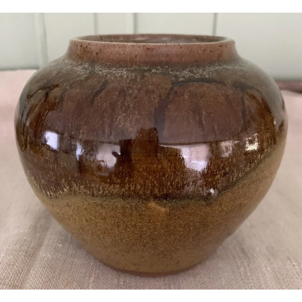 Studio Art Pottery Covered Rose Jar Drip Glaze Signed Betsy Atkins W.Va. 1980s